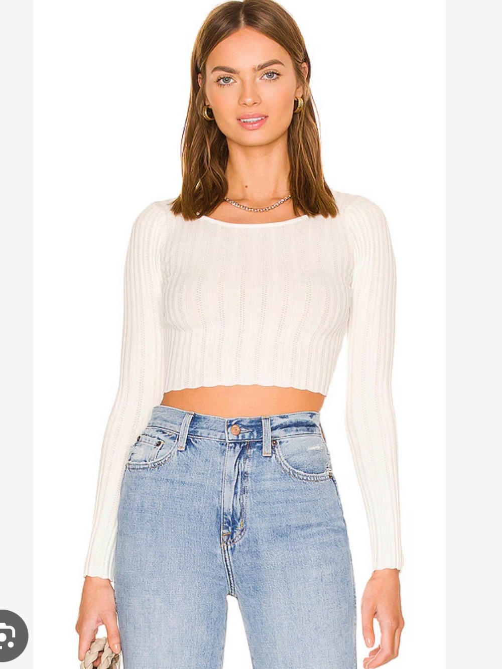 Cropped Ribbed Long-Sleeve Knit Top - White
